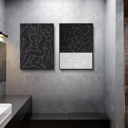 Black and White Hand-painted Minimalism Abstract Characters Lines Niche Art Canvas Decorative Painting Poster Entrance Art Decor