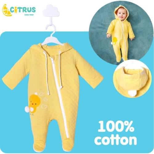 CITRUS Spring Cotton Baby Rompers Yellow Chick Catton Clothing For Baby Boys Girl Clothing Zipper Hooded Newborn Baby Romper