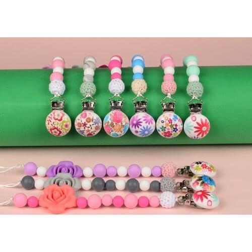 Baby Nipple Holder Personalised Name Handmade Pacifier Clips for Baby Chew Toys Silicone Flowers Crochet Beads Pacifier Chain