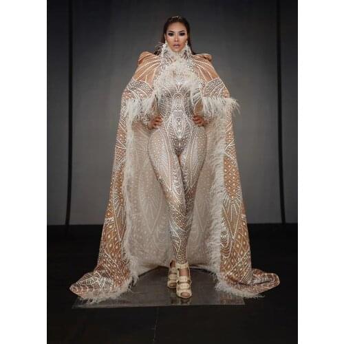 Long Feather Cloak Outfit Singer Stage Wear 3D Printing Stretch Leotard Jumpsuit Birthday Dancer Models Catwalk Costume