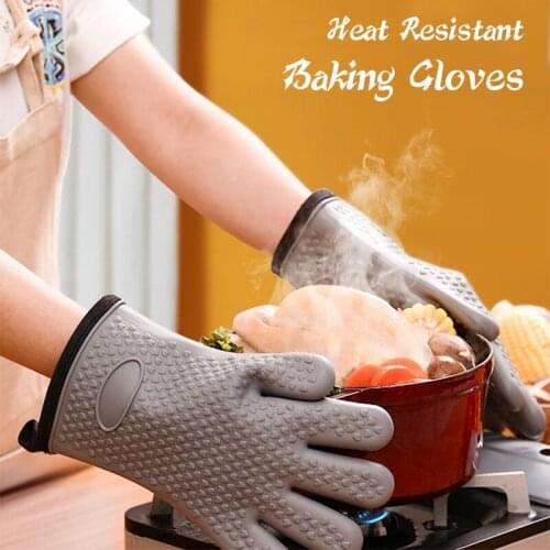 Double Layer Oven Gloves Heat Resistant Baking Gloves Non-Slip Silicone Oven Mitt Kitchen Cooking Bbq Grill Glove With Lanyard
