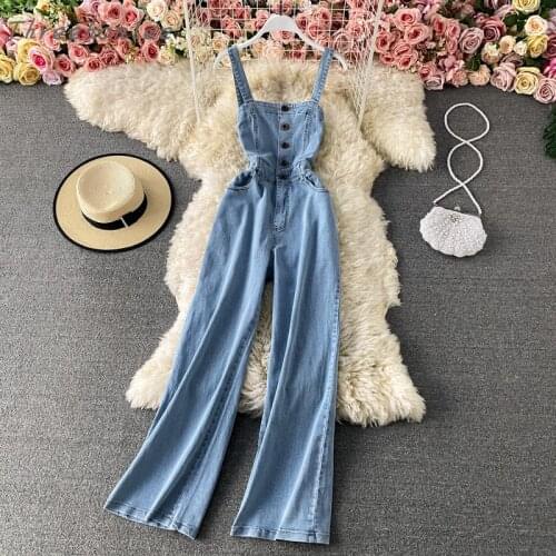 High Quality Women Summer Casual Sleeveless Single Breasted Spaghetti Strap Split Jeans Jumpsuits Fashion Button Denim Rompers