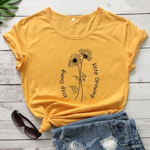 Keep Going Keep Growing T-shirt Aesthetic Women Encouraging Christian Tshirt Cute Wildflower Graphic Yellow Tops Drop Shipping