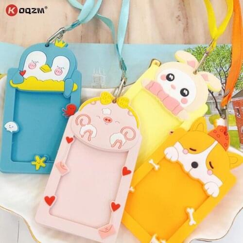 1pc Cute Animal Shape Student ID Badge Card Holder Silicone Business Card Case Cover with Rope Protector Cover