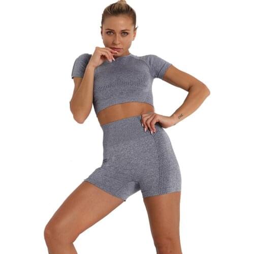 Summer Shorts 2 Piece Set Causal Seamless Outfits Women Short Sleeve Tops High Waist Shorts Gym Suit Female Seamless Shorts Set