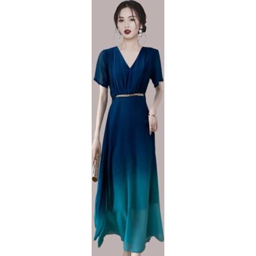 Menahem 2021 Summer Gradient Color Blue Chiffon Maxi Dress Womens Short Sleeve V-Neck Ruched Slim Elegant Goddess Party Vestido