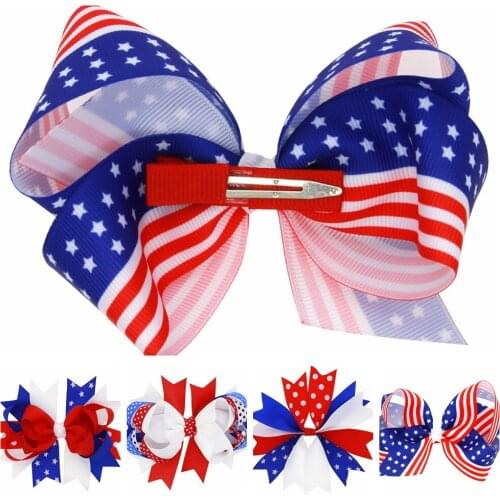 Fashion Stars Pattern Grosgrain Ribbon Bowknot Toddler Hairpin Handmade Bows Striped Hair Clip Clothing Decoration Birthday Gift