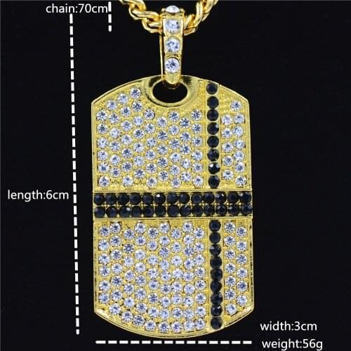 Mens Pendant Filled Iced Rhinestone Gold Color Charm Square Dog Tag Necklace With Cuban Chain Bling Bling Hip Hop Jewelry