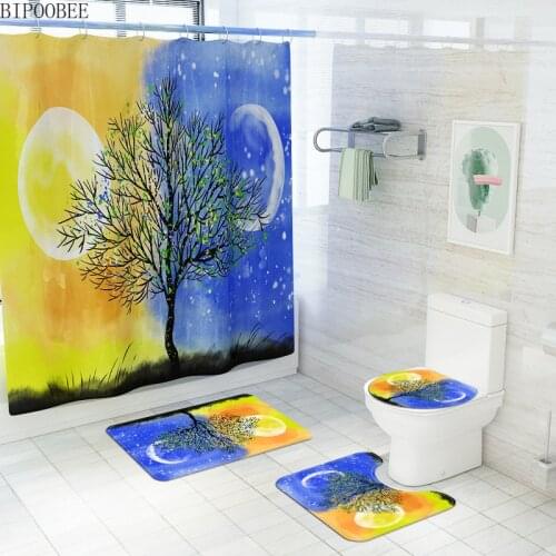 Hand Drawn Abstract Tree Bathroom Accessories Set Shower Curtain Anti-slip Carpet Rug Toilet Lid Cover Mats Fabric Bath Curtains