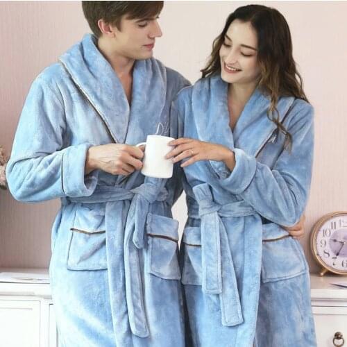 New Nordic Winter Bathrobe Men Women Flannel Thicken Warm Dressing Gown Male Home Soft Plus Large Size Long Homme Bath Robe