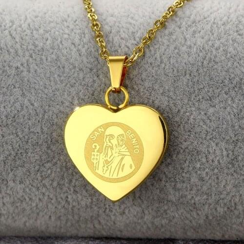Catholic Saint Benedict Heart Pendant Necklace Gold Color Stainless Steel San Benito Collares For Men Jewelry