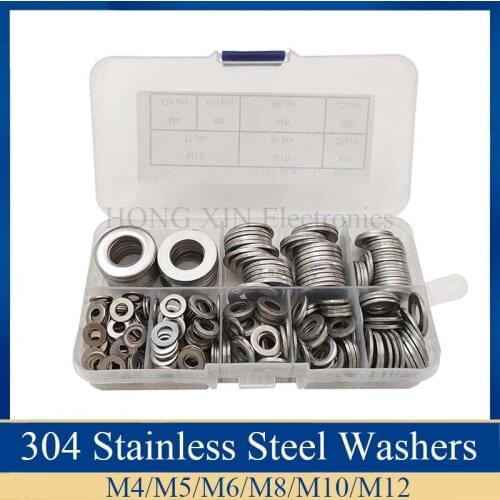 400pcs/Set 304Stainless Steel Flat Washer M4-M12 Plain Gasket kit