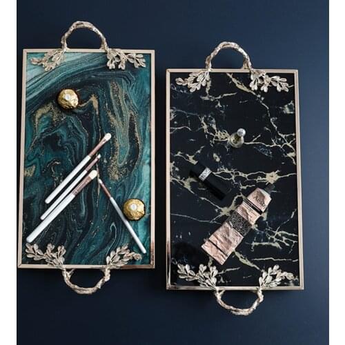 Beverage Storage Tray Marble Texture Serving Tray Green Agate Texture Ceramic Plate With Handle