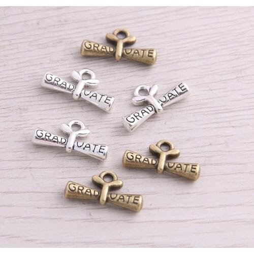 SWEET BELL 30PCS 11*21mm Two Color Bachelor Cap Charms Letter GRADUATE Pendant Jewelry Metal Alloy Jewelry Marking
