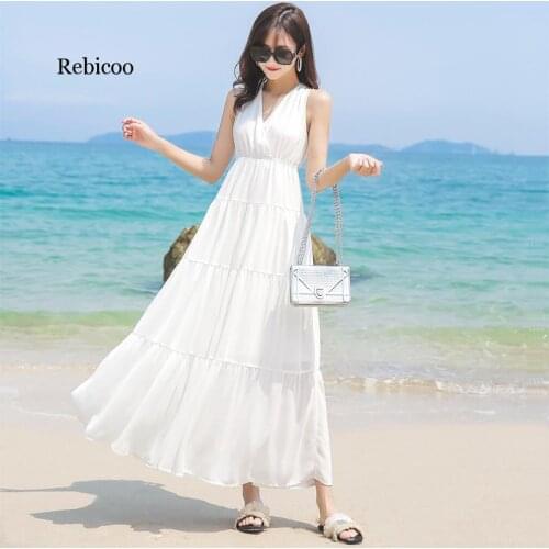 Rebicoo summer new seaside holiday casual beach a line dress backless bohemian big slim red v-neck chiffon dress Vestidos