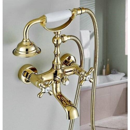 Luxury Gold Color Brass Wall Mount Bathroom Tub Faucet Set WITH/ 1.5M Handheld Shower Spray Head Mixer Tap Dtf134