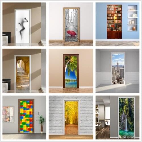 Natural Scenery Door Sticker Self-adhesive Waterproof Wallpaper Home Design Room Decoration Poster Wall Art Decals deursticker