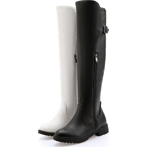 Fashion New Female Over The Knee Boots Solid Color PU Street Handsome Belt Buckle Knight Boots Lady Zipper Low Heel Women Shoes