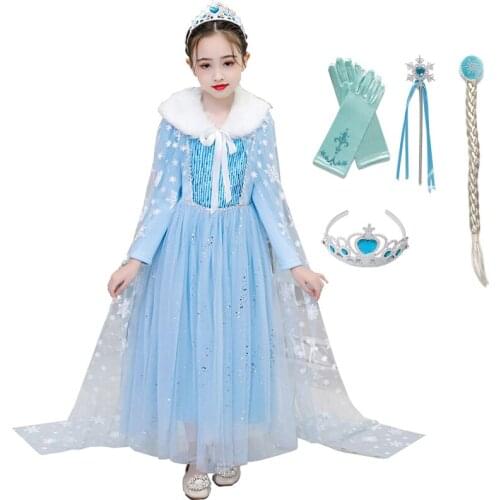 VOGUEON Snow Queen Princess Girls Dress Snowflake Print Elsa Dresses Kids Fur collar+Cloak+Dress Elza Cosplay Costume for Party