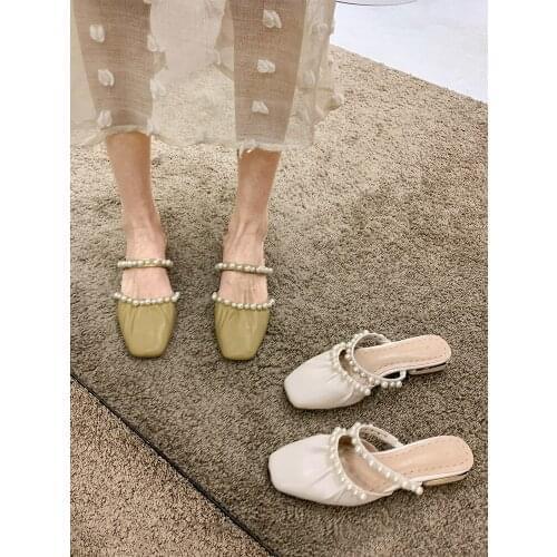 Womens Shoes Mill Shoes Spring 2021 New Fashion Pearl Low Heel Slippers Sandals Shoes for Women