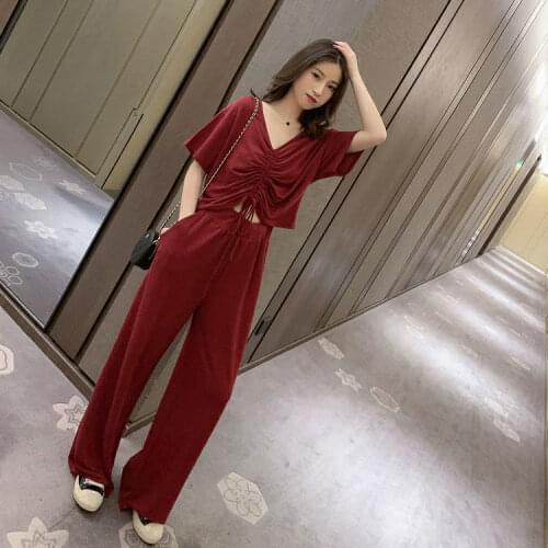 Women New Two Piece Set Tracksuit Women Summer Korean Casual Drawstring V-neck Top and High Waist Wide Leg Pants Sport Suit Q111