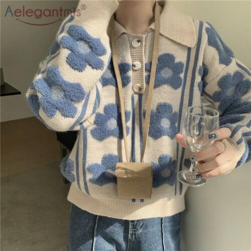 Aelegantmis Cute Flower Print Knitted Pullover Women Korean Sweet Oversized Sweater All Match Pullover Top 2021 Spring Autumn