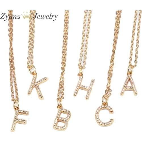 10PCS, Cubic Zircon Alphabet Pendants Gold Color Copper A-Z Letter Pendant Necklace Shinning 26 Initial Collares Jewelry