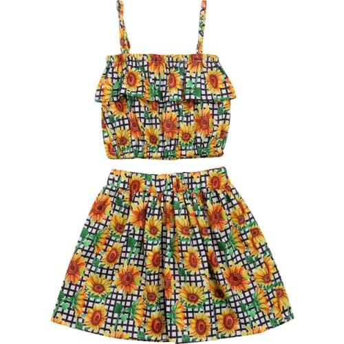 2021 1-6Y Summer Boho Kids Baby Girl Clothing Sunflower Plaid Print Ruffle Off Shoulder Crop Top+A-line Skirt Holiday 2pcs