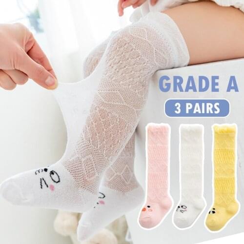 3 Pairs Summer Baby Girls Socks Toddlers Bow Long Sock Kids Knee High Soft Cotton Mesh Children 0-5 Years Breathable Socks