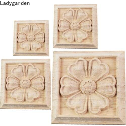 4PCS European Statues Wood Carved Decal Unpainted Onlay Applique Square Woodcarving Decal Corner Home Furniture Sculptures Decor