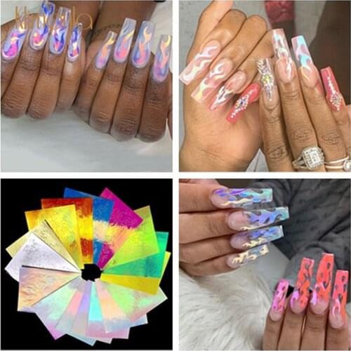 9Pcs Flame Sticker for Nails Aurora Flame 3D Nail Sticker Holographic Adhesive Mix Colorful Flame Applique DIY Manicure Stickers
