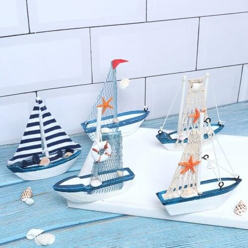 Wooden Blue Sailing Boat Vintage Figurines Miniatures Fairy Garden Ship Wood