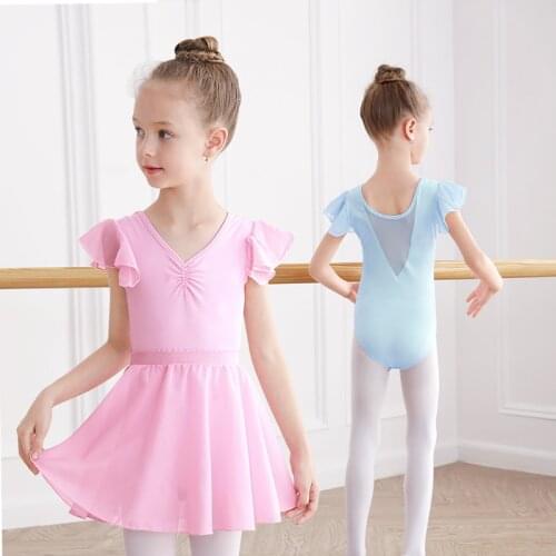 Girls Kids Ballet Leotards Pink Blue Gymnastics Leotards Toddler Dance Dress Soft Dance wear with Chiffon Skirts