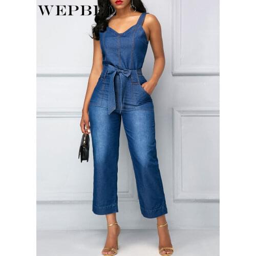 WEPBEL Female Casual Loose Pocket Washed Denim Rompers Jeans Women Spring Summer Vintage Strap Denim Jumpsuits Overalls