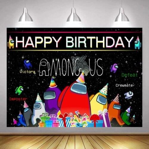 Happy Birthday Among US Kids Party Backdrop Gifts Cake Table Decor Poster Black Colorful Rockets Photo Backgrounds