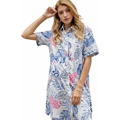 YOMING YM24 Fashion Casual Women Long Shirt Shirt Lady Print Blouses Tops Turn Down Collar Long Sleeve Buttons Dress