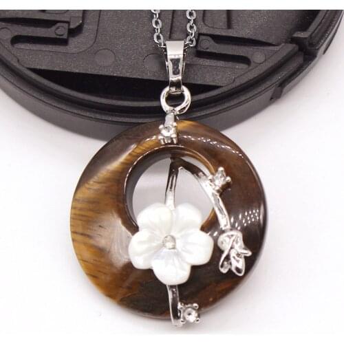 Trendy-beads Ethnic Silver Plated Round Shape Natural Tiger Eye Stone with Flower Pendant Link Chain Necklace