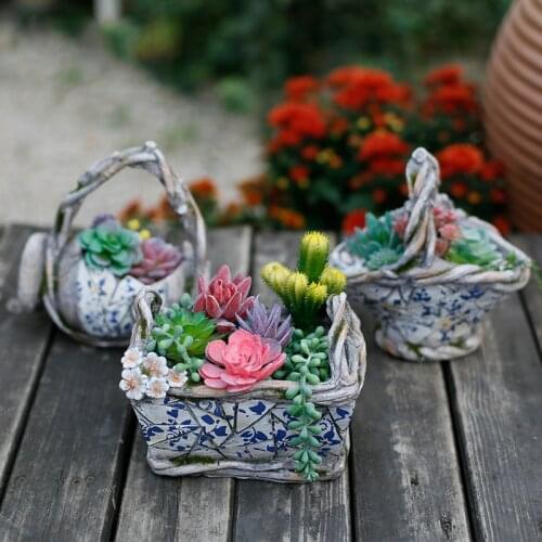 Pastoral Retro Creative Porcelain Flower Pot Ornaments Succulent Plant Resin Vase Outdoor House Yard Figurines Decoration Crafts