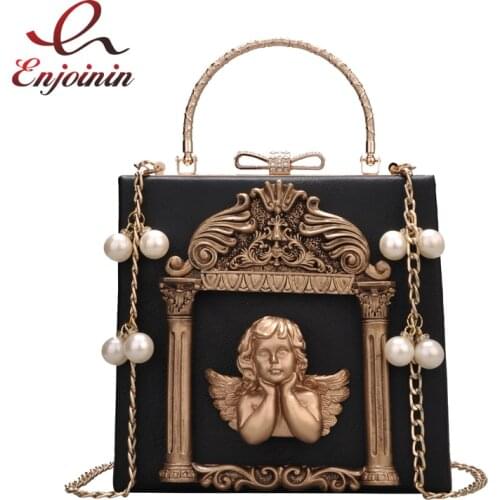 Luxury fashion Cupid decals box shape pu leather pearl chain shoulder bag handbag party purse womens crossbody messenger bag
