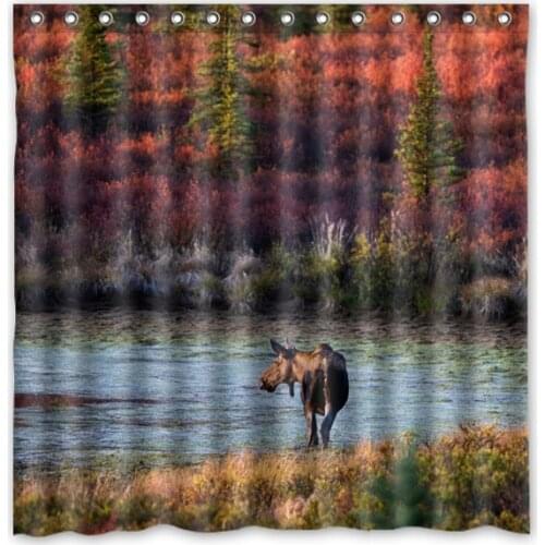 North American Moose Pattern Printed Polyester Shower Curtain Waterproof Home Bathroom Curtains 180x180cm