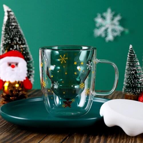Glass Tea Cup Creative 3D Transparent Double Anti-Scalding Christmas Tree Star Coffee Cup Milk Juice Childrens Christmas Gift