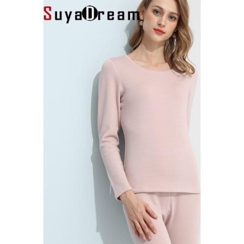 SuyaDream Women Fleece Warm Long Johns 100%Natural Silk Brushed Solid Winter Thermal Pink Nude Underwear 2020