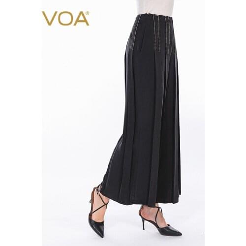 VOA Silk 30m/m Black Heavy Side Zipper Yoke Pleated Stitching Arch Stitch Craft Wide Leg Skirt Pants KE112