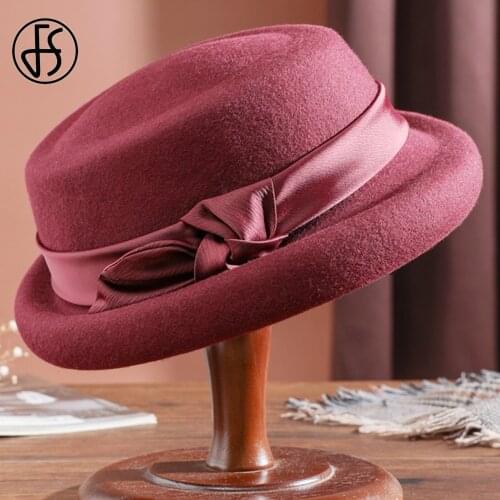 FS French Basin Beret Wool Felt Fedora Hats For Women Winter Warm Church Cloche Derby Hat Fedoras Bowler Cap With Bowknot Ribbon