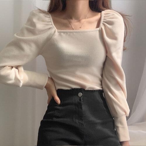 Women Tshirt Square Collar Hollow Out Clavicle T-Shirt Slim Fit Pleated Puff Sleeve Solid Blusas Autumn Spring 2021 New Knit Top