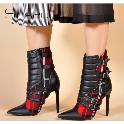 Sinsaut Shoes Women High Heels Ankle Boots for Women Pointed Toe Boots Ladies Red Plaid Boots Motorcycle Boots
