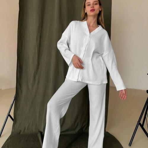 Womens Suit French Ribbed Knited Solid Long Sleeve V Neck Cardigan Trouser Sleepwear Womens Pajamas Loose Casual Nightwear