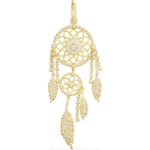 SLJELY Luxury 925 Sterling Silver Yellow Gold Color Statement Dream Catcher Earrings Cubic Zirconia Stones Feather Women Jewelry