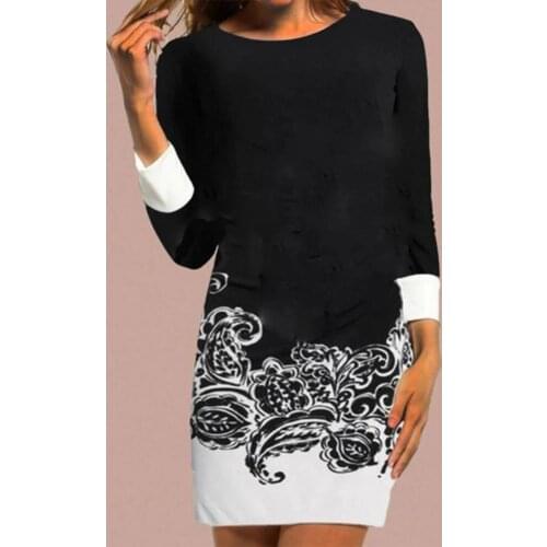 2021 Spring Patchwork Print Party Dresses Women O Neck Long Sleeve Color Block Feather Print Pockets Loose Mini Dress