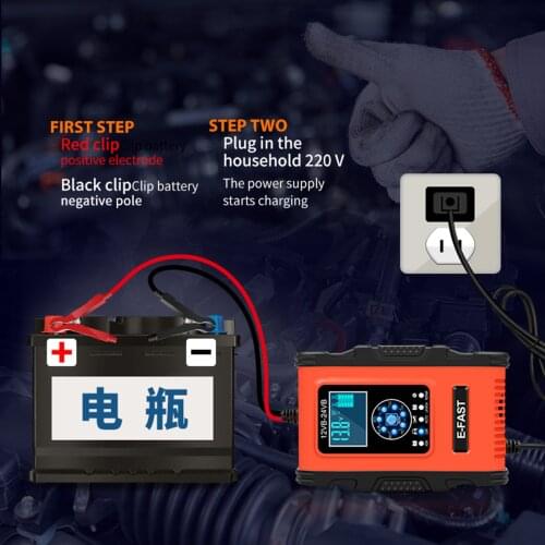 Car Battery Charger 12V 12A 24V 6A 100-240V AC Pulse Repair Fast Power Automatic Charging with Cable Clamps LCD Display